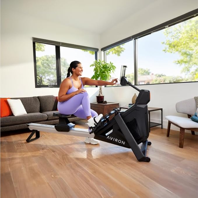 Aviron StrongGo Rowing Machine -Compatible with iPad—Dual Air & Magnetic Resistance Up to 100 lbs | Game-Based Workouts, Compact Storage Design