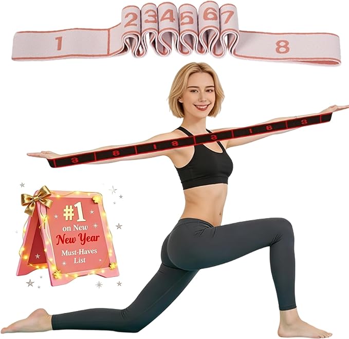 Fitness Resistance Band for Stretching and Yoga, Numbered Elastic Exercise Bands with Handles, Adjustable 8/10/12-Loop Design for Full Body Stretching and Pilates