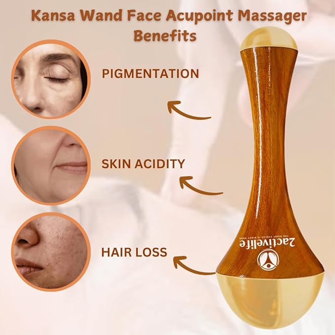 Ayurvedic Kansa Wand Massager, Dual-Sided Bronze Face Massage Tool with Teak Wood Handle, for Face Yoga, Neck & Under Eye Massage, Travel Size, Pack of 1