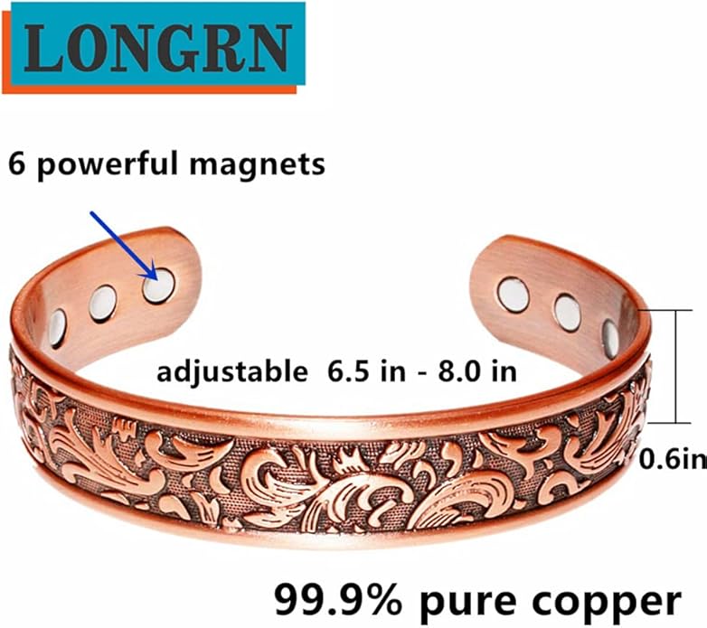 LONGRN-Copper bracelet for men -Ultra Strength Magnetic Bracelets, 99.99% Pure Copper Cuff Bangle with 3500 Gauss Neodymium Magnets, Adjustable, Vintage Collection