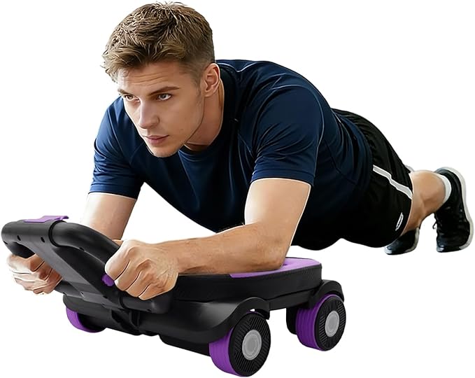 AB Roller Wheel, Four-Wheel Abdominal Roller with Elbow Support, 17.1x16.1in Abdominal Core Training 4 Wheel Roller Equipment, Foldable Dual Handles, Built-In Phone Holder