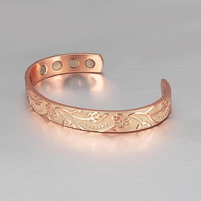 Copper Bracelet for Women, 6.5inch Pure Copper Flower Adjustable Bracelet with Magnets, Copper Jewelry Present（1042）
