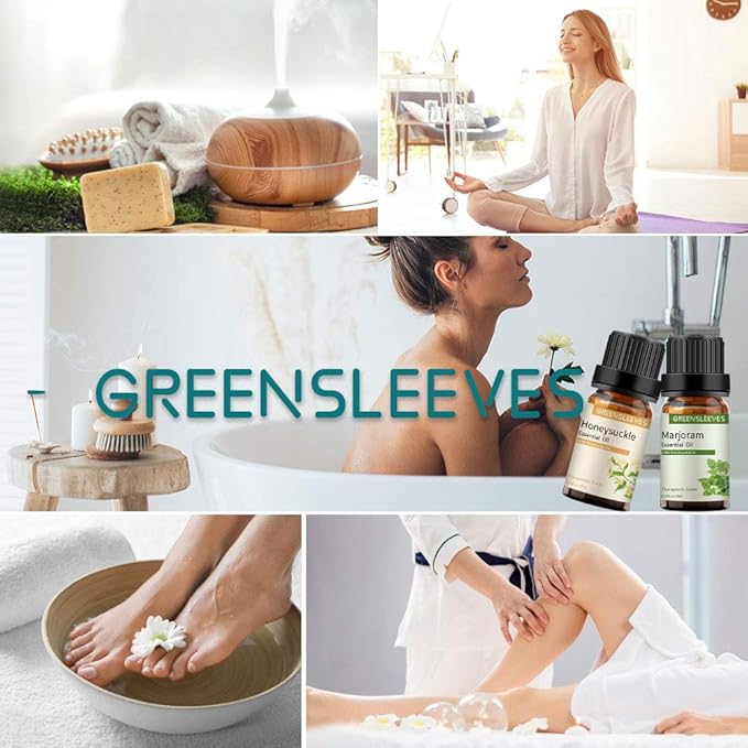 GREENSLEEVES Marjoram Honeysuckle Essential Oil Set, 2 x 10ml Pure Plant-Based Fragrance Oil for Aromatherapy, Essential Oils for Diffuser, Massage, Bath Bomb, Scented Candle Soap Making