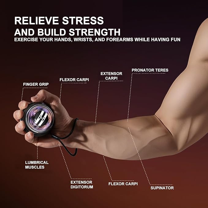 Curaball Hand Exerciser–Torque Ball Strengthener with Counter, LED Lights, Auto-Start Gyroscopic Wrist Trainer for Arms, Fingers & Forearms, Grip Training Tool for Home