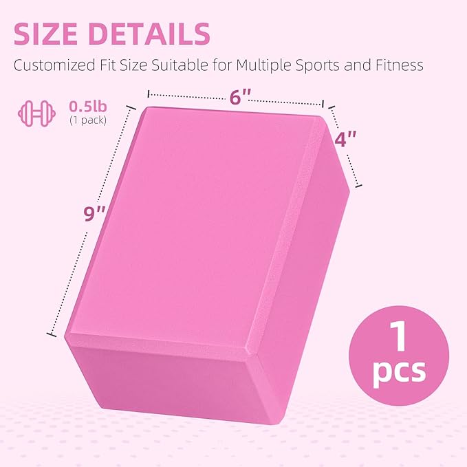 1 Pack Large Foam Yoga Blocks 9x6x4 Inches, Sturdy Pilates Block, Workout Block, Non Slip Surface Yoga Brick for Pilates Meditation, Stretching and Toning, Pink