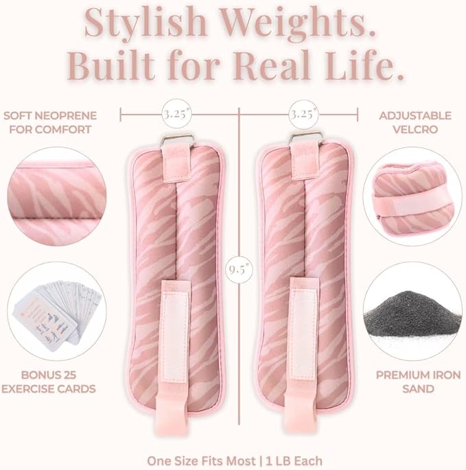 Wrist & Ankle Weights for Women, Ideal for Fitness Workout, Gym, Pilates, Dance, or Yoga, Includes Exercise Guide & Mesh Travel Bag, 1 Pair, 1 Lb Each, Pink Zebra Print