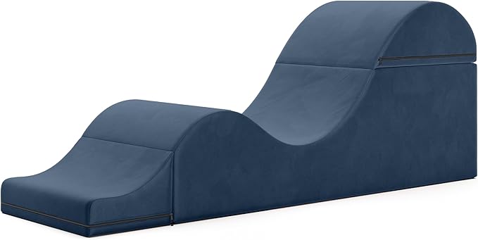 Avana Kami Convertible Chaise/Bed Bench for Yoga & Massage - 2-in-1 End of Bed Ottoman with Concealed Fold Out Yoga Lounge Chair, 22" Wide, Microvelvet Ink Blue