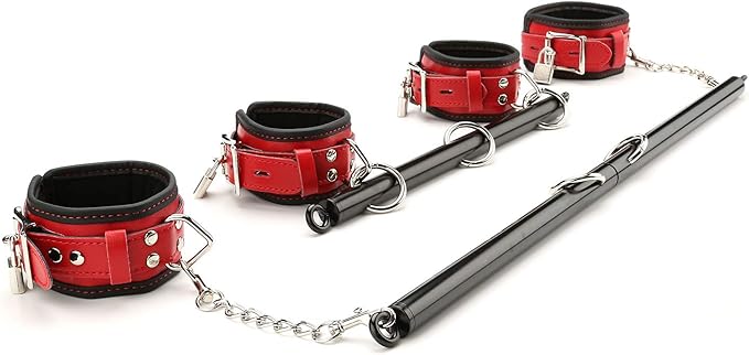 EXREIZST Expandable 2 Spreader Bar Set with Bag and 4 Premium Soft Pad Leather Straps with 2 Chains Adjustable Home Yoga Bar Kit, Black and Red