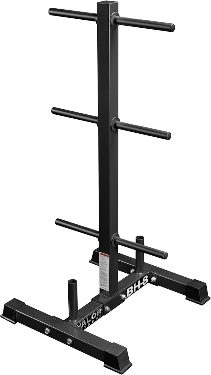 Valor Fitness Weight Plate Rack with Barbell Holders – Heavy-Duty Steel Storage Tree with 6 Pegs and 2 Vertical Bar Sleeves for Standard and Olympic Plates – 800 lb Capacity for Home & Garage Gyms