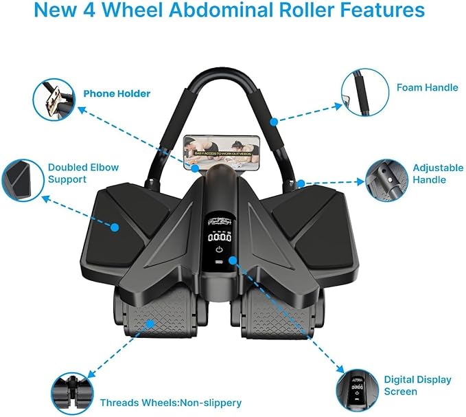 Ab Roller Home Gym Equipment – 4 Wheels Ab Wheel Muscle Roller with LCD Screen, 5Pcs Resistance Bands, Ankle Straps, Door Anchor, Handles, Travel Bag – Comfortable Elbow Support with Non-Slip Handles