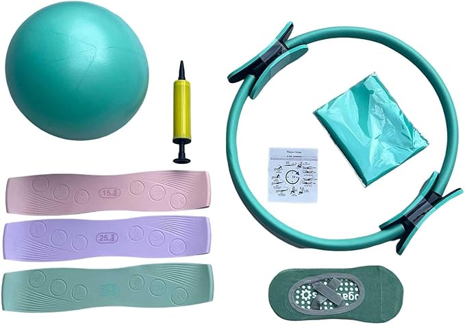 Pilates Ring Set for Home Workouts Women, Pilates Kit with Resistance Bands Magic Circle Accessories, Exercise Ball 9.8”, Portable Fitness Equipment for Home, Gym, Office Workouts