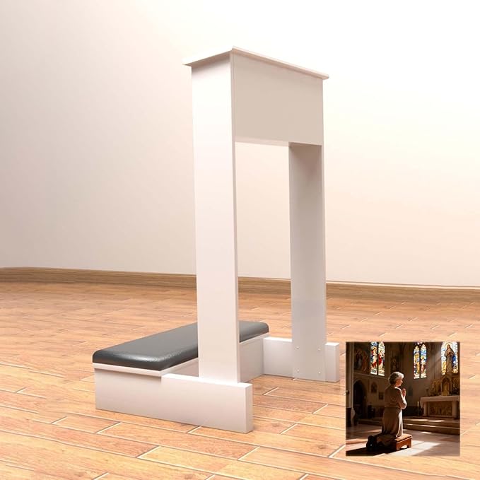 Church Prayer Bench Kneeler Wooden Prayer Kneeler with Book Shelf Prayer Table at Home with Cushion Pad Meditation Stool 20x16.5x33In Kneeling Stool for Religious Gifts(White)