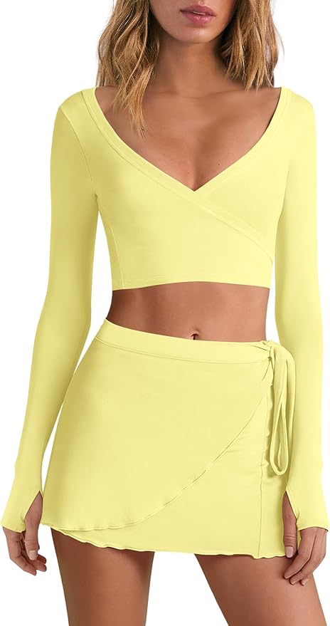 Nirovien Womens 2 Piece Workout Sets Sexy Pilates Outfits Athletic Gym Yoga Sets Ballet Wrap Top and Skirt
