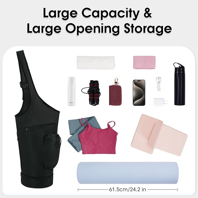 sportsnew Yoga Mat Bag, Large Opening Long Tote Yoga Mat Carrier Holder Bag with Waterproof Wet Pocket and Drawstring Water Bottle Pocket, Adjustable Shoulder Strap Storage Bag, patent pending