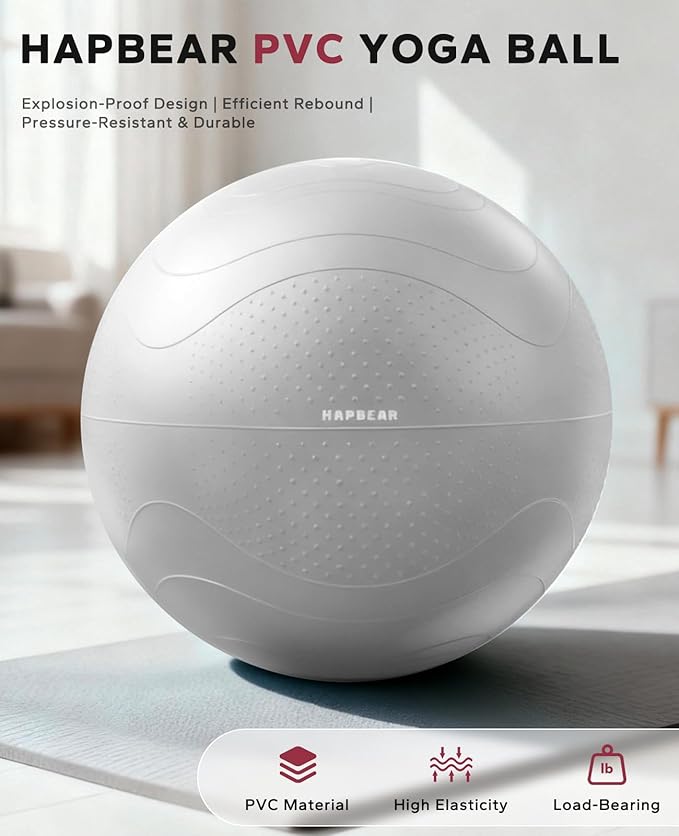 HAPBEAR Exercise Ball (22''/26''/30'') - Anti-Burst Slip-Resistant Yoga/Pilates Ball for Core Training & Posture Improvement, Home Gym/Rehab/Pregnancy Ball, Quick Pump & 3 Resistance Bands Included