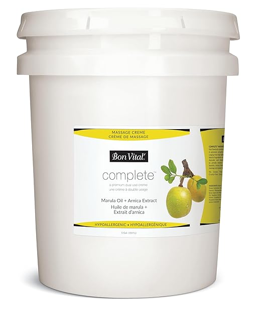 Bon Vital Complete Massage Creme, 5-Gallon, Unscented Non-Greasy Cream with Marula, Olive & Jojoba Oils, Hypoallergenic Moisturizer for Professional or Home Use, Premium Dual-Purpose, Massage Therapy