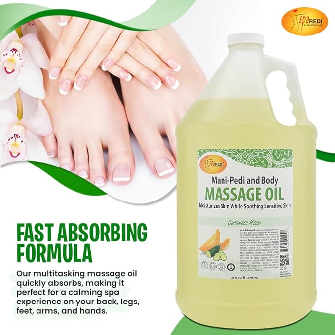SPA REDI - Massage Oil, Cucumber and Melon, 128 Oz - Professional Full Body Massage Therapy, Made with Almond Oil, Cotton Seed Oil, Sunflower Oil, Avocado Oil, Essential Oils and Vitamin E