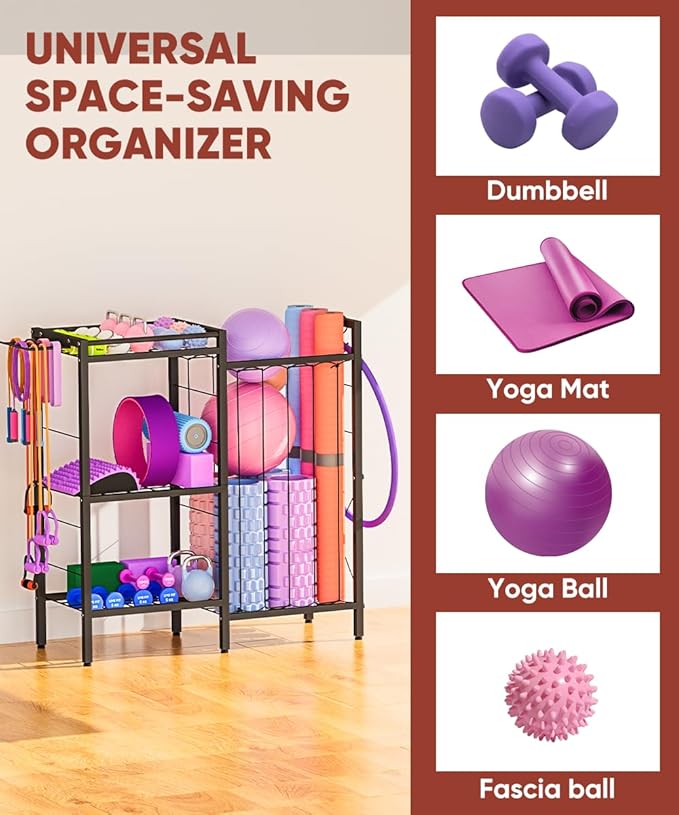 3 Tiers Dumbbells Yoga Mat Storage Rack with Elastic Straps for Kettlebells Foam Roller Resistance Bands Balls, Workout Equipment Organizer Weight Storage Holder with Hooks for Home Gym