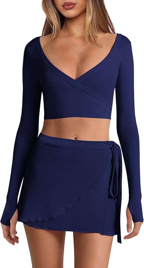Nirovien Womens 2 Piece Workout Sets Sexy Pilates Outfits Athletic Gym Yoga Sets Ballet Wrap Top and Skirt