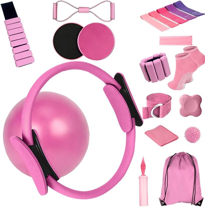 Pilates Equipment Set for Home Workouts –15in1 Home Pilates Kit with Ring and Ball Set, Resistance Bands, Pilates Yoga Accessories, Core Sliders & Ankle Weights, Pilates Essentials Kit