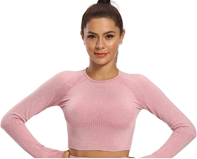 Yoga Set Seamless Women Long Sleeve Blouses Top Gym Sport Bra High Waist Tight Leggings Fitness Suit Shorts Sets (Color : Pink Long sleeve, Size : Small)