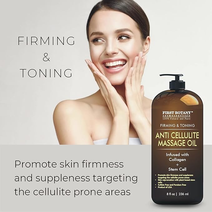 First Botany, Anti-Cellulite Massage Oil Infused with Collagen & Stem Cells - Natural Cellulite & Stretch Mark Treatment for Men & Women - 8 oz (Pack of 2)