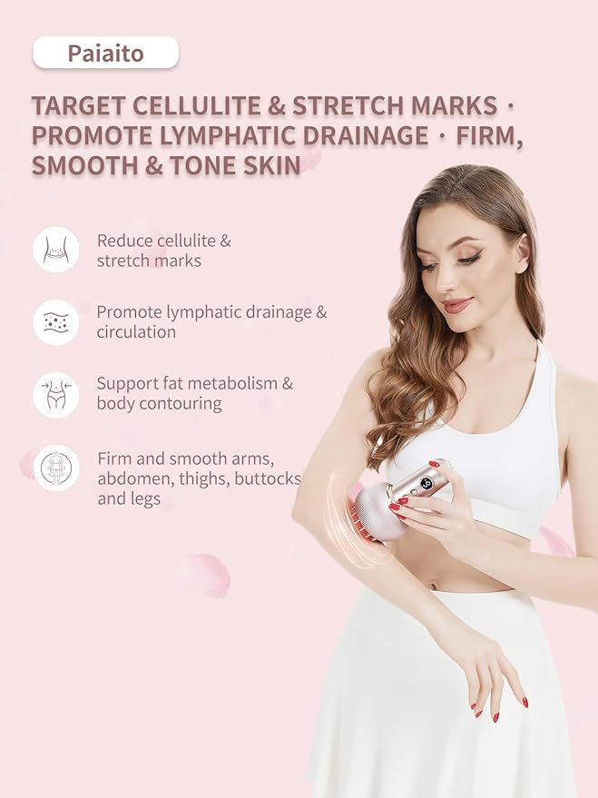 Lymphatic Drainage Massager & Anti Cellulite Massage Tool, Helps Reduce Stretch Marks & Cellulite, for Legs, Arms & Belly, Body Sculpting Machine with Microcurrent, Light, Heat & Vibration (Rose Gold)