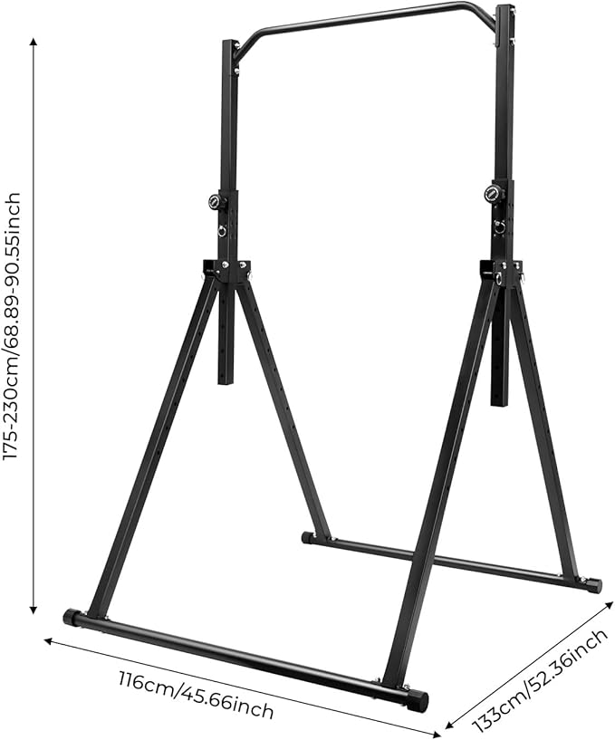 Adjustable Triangular Power Tower Dip Station Pull Up Bar, 441LBS Carbon Steel 5.74-7.55FT Adjustable Height Foldable Strength Training Exercise Equipment for Home Gym/Bedroom/Sports Center