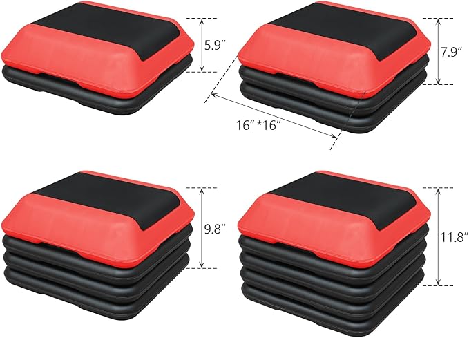 GOWE Height-Adjustable Step Aerobics Platform Fitness Equipment Stepper Trainer Exercise Step Platform with 4 Riser Red