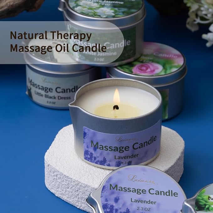 Massage Candle 3 Pack Scented Soy Wax Massage Body Oil for Home SPA, Nourishing Coconut Oil Infused Low Temp Aromatherapy Candle 6.9OZ (Lavender,Lemon Grass,Little Black Dress)