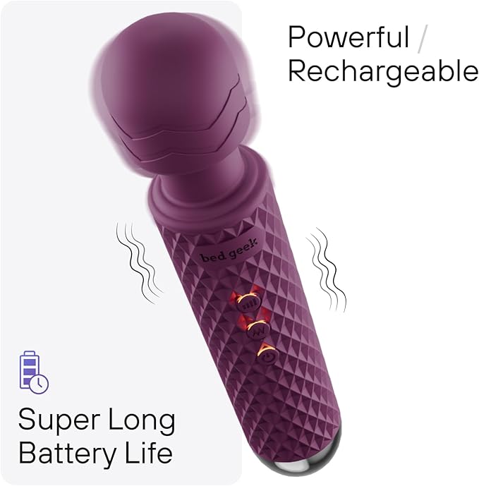 bed geek Cordless Personal Massage Wand – Waterproof & USB Rechargeable, Skin-Soft Silicone, 20 Vibration Patterns, 8 Speed Settings, Memory Function for Relaxation and Muscle Comfort