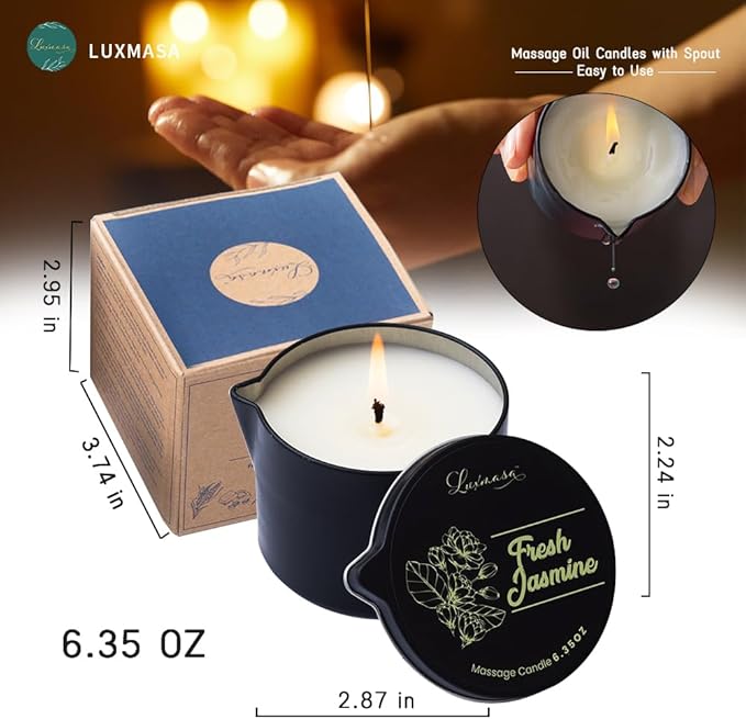 Massage Candle for Home SPA, Low Temp Scented Massage Oil Candles Wax for Skin Treatment, Aromatherapy Candle for Body Relaxation and Stress Relif, Skin Moisturizing Oil 6.35 OZ (Fresh Jasmine)