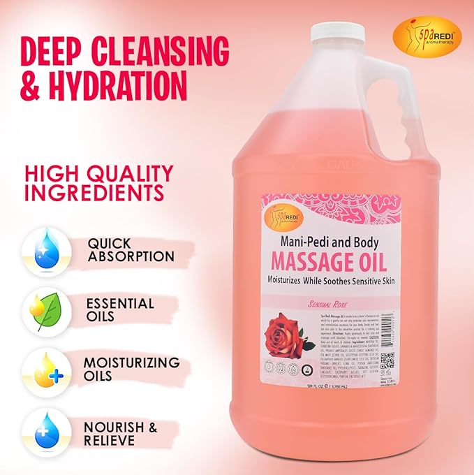 SPA REDI - Sensual Rose Massage Oil, 128 Oz - Professional Pedicure, Manicure & Full Body Therapy, Blend of Almond, Cotton Seed, Sunflower & Avocado Oils, Infused with Essential Oils & Vitamin E