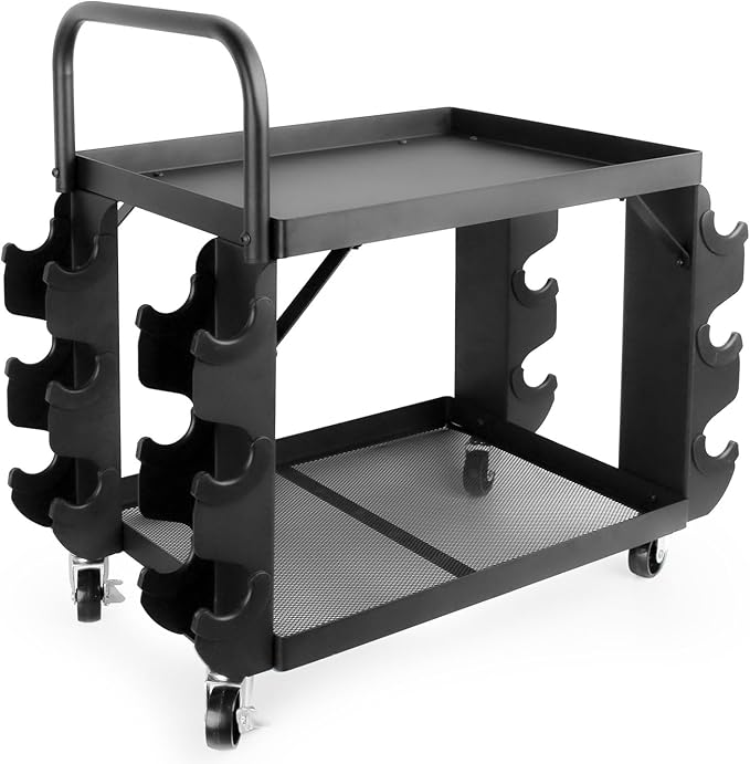 All-in-One Home Gym Storage Cart with Wheels and Handle, 2-Tier Heavy Duty Adjustable Weight Rack for Small Dumbbells, Kettlebells,Yoga Mats, Fitness Gear