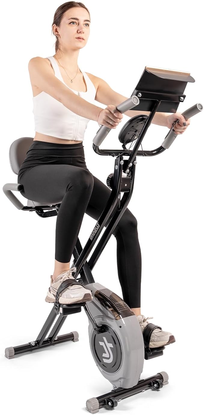 TOUSAINS Folding Exercise Bike - 8-Level Magnetic Stationary Bike with Pulse Rate, Large Tablet Holder & X-Bike Design, Compact Indoor Workout Bike for Home Gym, Seniors & Knee Recovery, 265lbs Weight Capacity