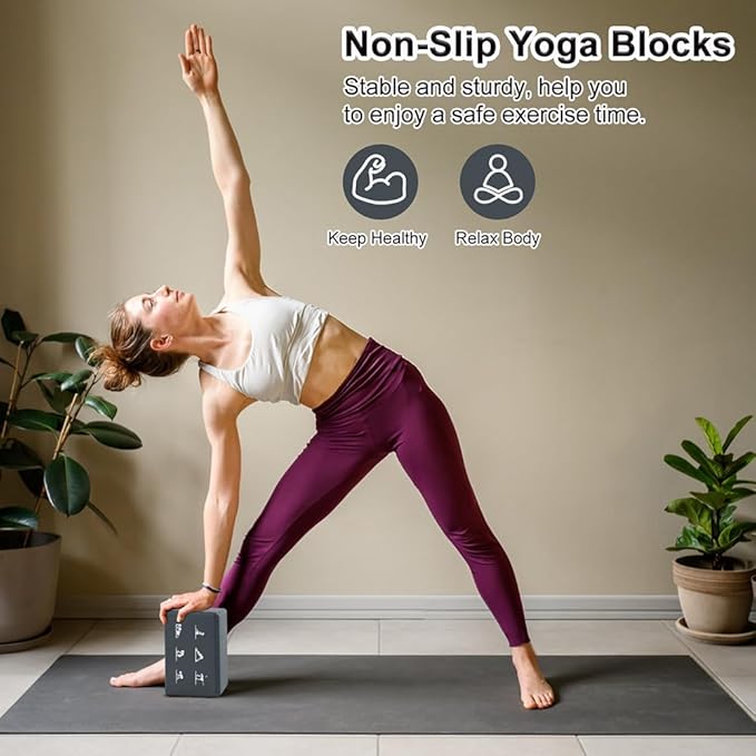 2 Yoga Block and 2 Yoga Strap Set,Non-slip EVA Foam Blocks, High Density Yoga Bricks with 6ft Strap, Supportive Latex-Free Yoga Block Accessories for Pilates