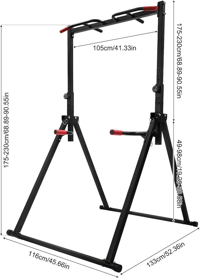 Power Tower Pull Up Bar Station Multi-Function Adjustable Height Foldable Dip Station for Home Gym Workout Heavy Duty Strength Training Fitness Equipment Stable Triangular Structure 440 LBS