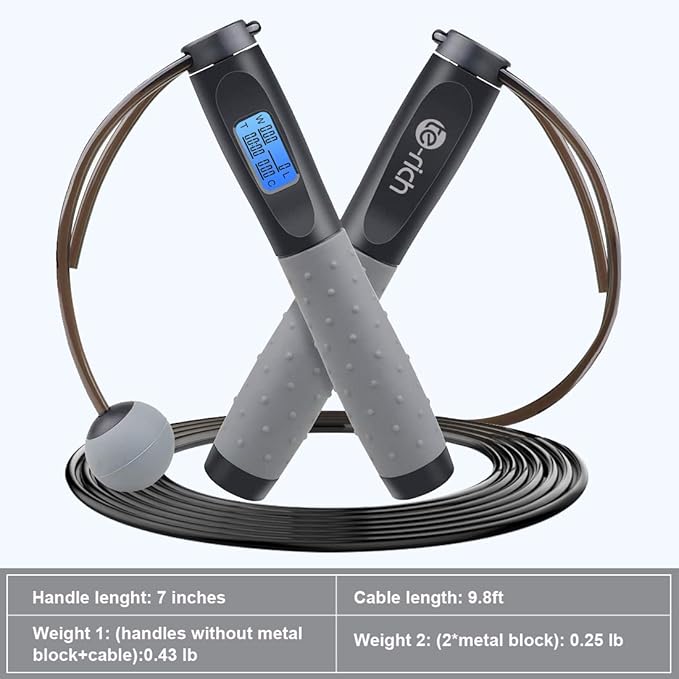 Te-Rich Jump Rope, Weighted Jump Rope for Fitness, Skipping Rope with Counter - Heavy Handles, Adjustable Length - Cordless Jumping Rope for Men Women Kids Fitness Exercise Training