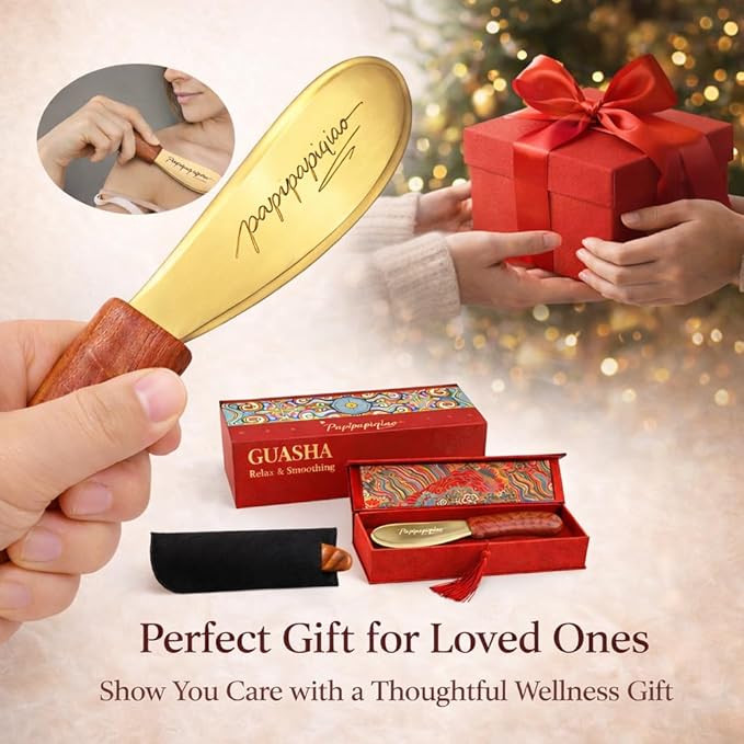 Copper Brass Gua Sha Muscle Scraper Tool with Wooden Handle – H62 Brass IASTM Soft Tissue Massage Tool for Fascia Release & Scar Tissue Relief – Deep Tissue Scraping Tool for Back & Body