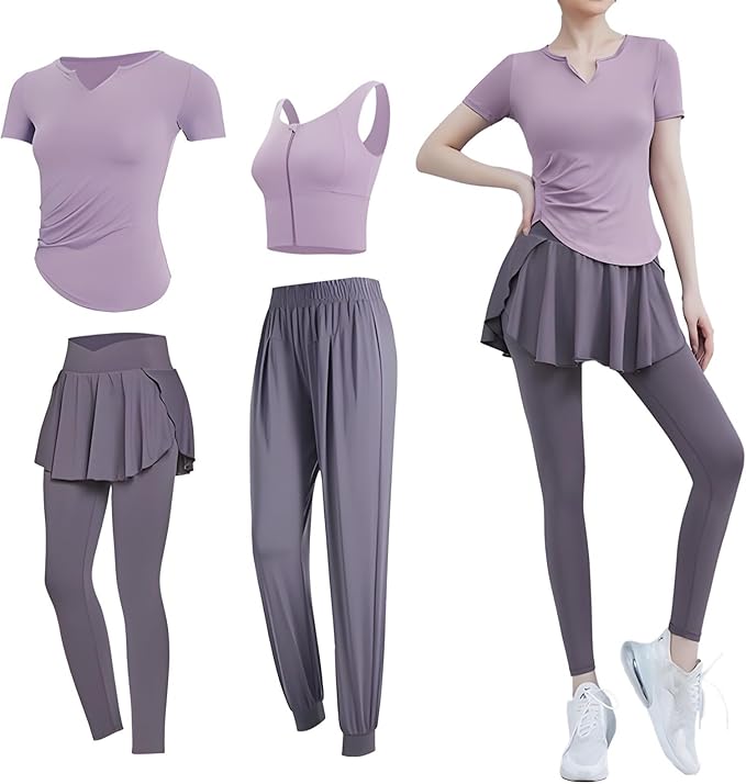 Workout Pilates Set For Women, Yoga Wear, 4 Piece, With Short Sleeves And Tank Sports Bra, Polyester And Spandex, For 135-150, Xxl Size