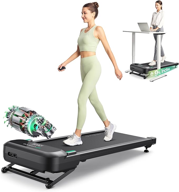 UREVO Auto Incline Walking Pad with AI App, Brushless Quiet Motorized Treadmill for Apartments, 9% Power Incline Standing Desk Treadmill, 12-Point Shock Absorption & Immersive Hiking