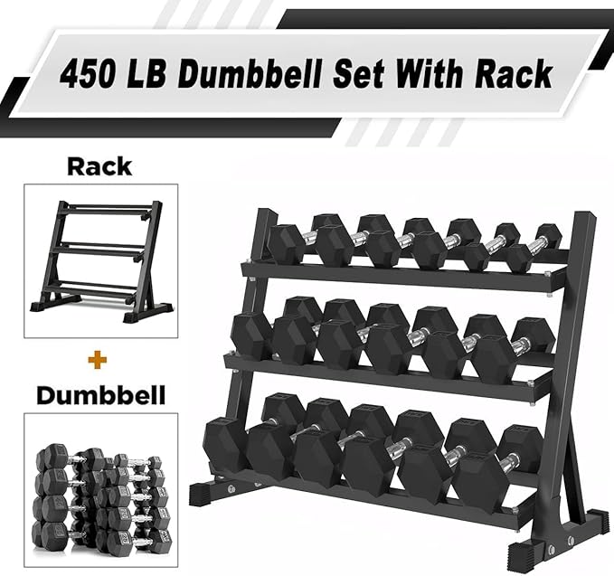 Rubber Hex Dumbbells with Rack 350/450/550 LBS - Free Weights Dumbbell Set Home Gym Equipment Exercise & Fitness Dumbbells for Strength Training