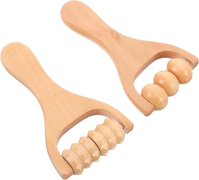 Ciieeo 2Pcs Wooden Massage Roller Set - Handheld Wood Massage Tools for Neck Back Leg Foot Manual Cellulite Massager Muscle Relief (3 Bead Gear Roller)