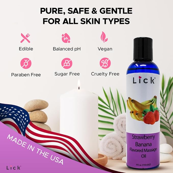 Lick Strawberry Banana Flavored Massage Oil – Sweet Creamy Fruit Edible Massage Oil with Vitamin E, Smooth Body-Safe Glide for Couples Massage & Relaxation, 4 oz