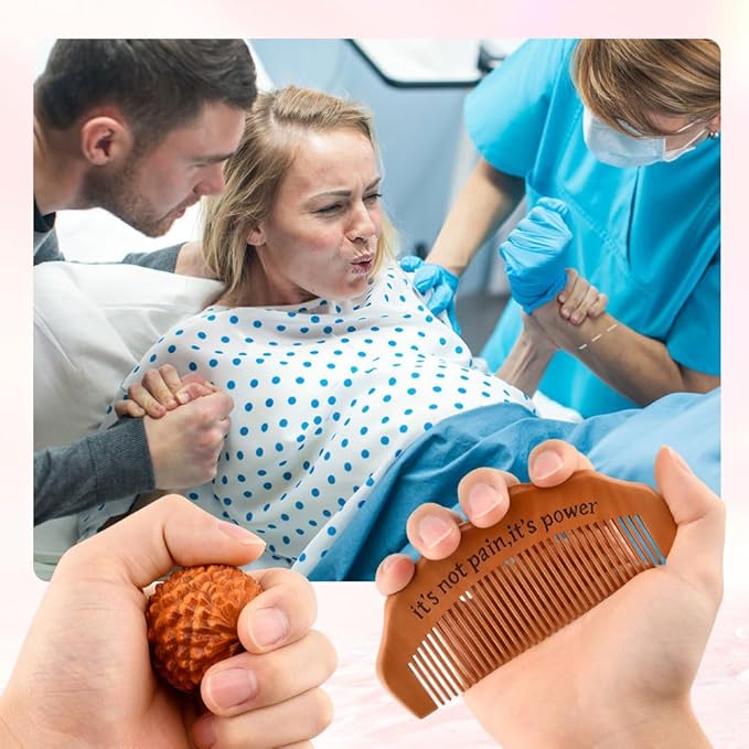 Birth Comb Acupressure Massage Ball Set, Wooden Labor Comb with 2 PCS Spiky Massage Ball Stress Relief, New Mom Gifts for Natural Labor and Delivery Essentials, Mom to Be Gift