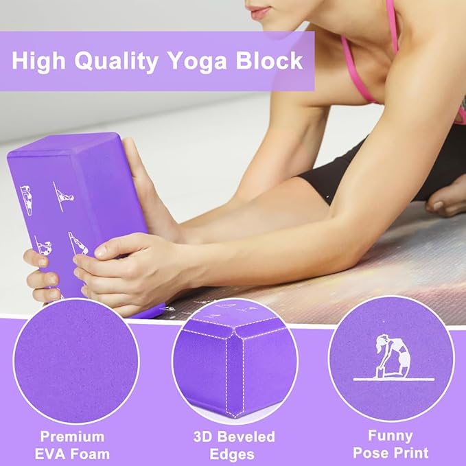2 Yoga Block and 2 Yoga Strap Set,Non-slip EVA Foam Blocks, High Density Yoga Bricks with 6ft Strap, Supportive Latex-Free Yoga Block Accessories for Pilates