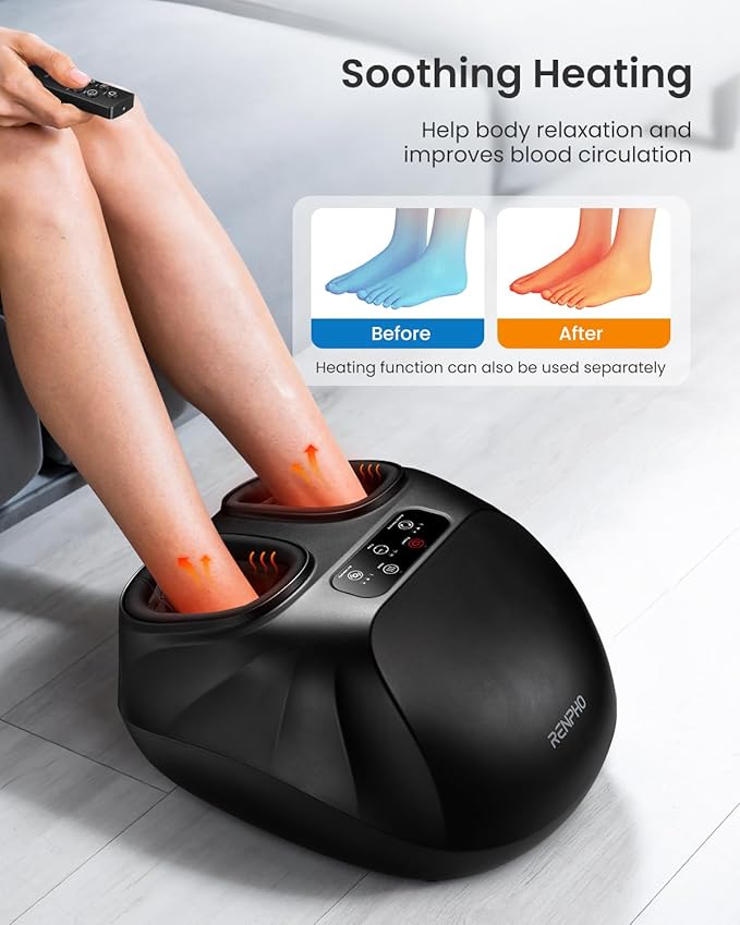 RENPHO Foot Massager Machine with Heat [2026 Upgraded], Shiatsu Foot Massager for Neuropathy, Plantar Fasciitis Massager for Men Women, Up to Size 14, FSA Eligible HSA Store Eligible Massager, Black