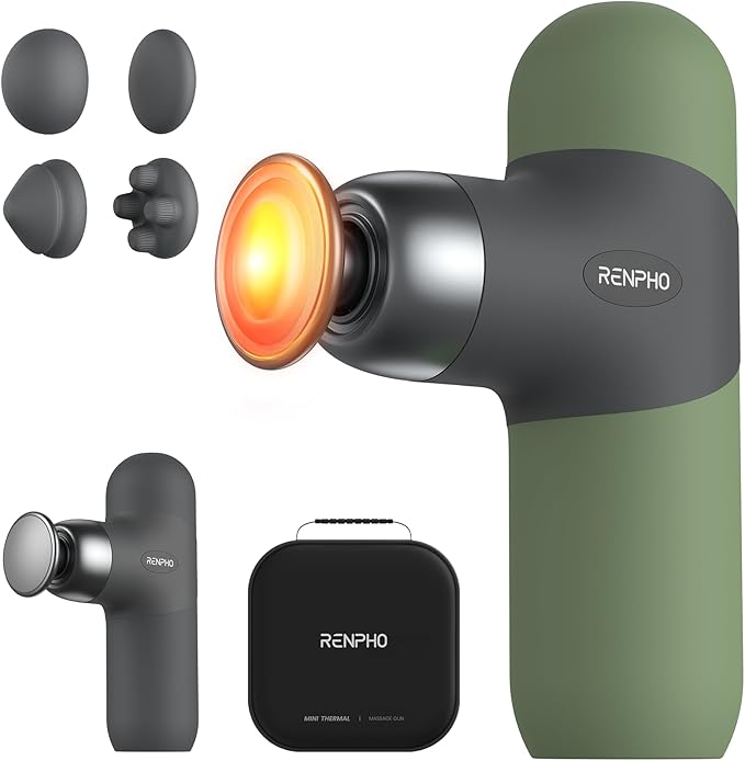 RENPHO Mini Thermal Massage Gun with Heat, Portable Deep Tissue Percussion Massager with 4 Heads for Neck & Back Comfort, Ultra-Quiet Operation for Home, Office & Travel, Includes Compact Carry Case