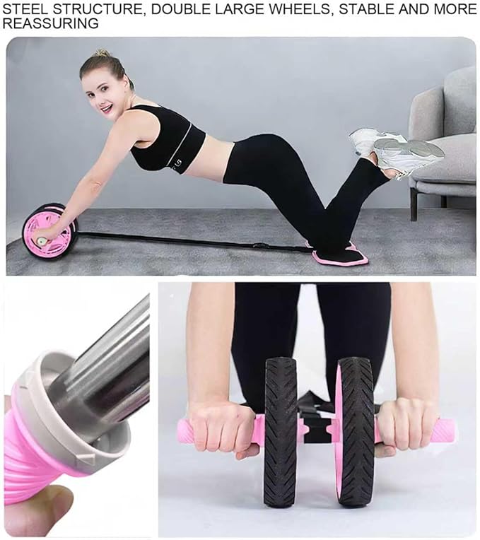 Double-Wheel Ab Roller for Core Training – Rebound Design with Adjustable Elastic Band, Silent Non-Slip Wheels, Detachable Build, Knee Pad & Bands – Home Gym Gear for Men/Women