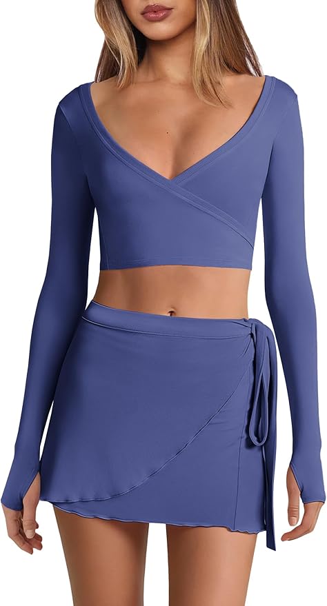 Nirovien Womens 2 Piece Workout Sets Sexy Pilates Outfits Athletic Gym Yoga Sets Ballet Wrap Top and Skirt